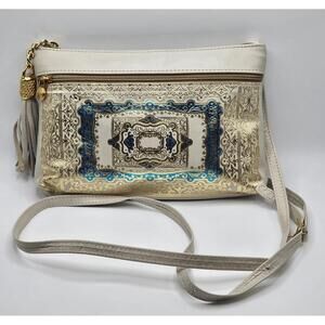 Vintage ARONNI ROMANA Genuine Leather Purse Crossbody Made In Italy Gold Teal